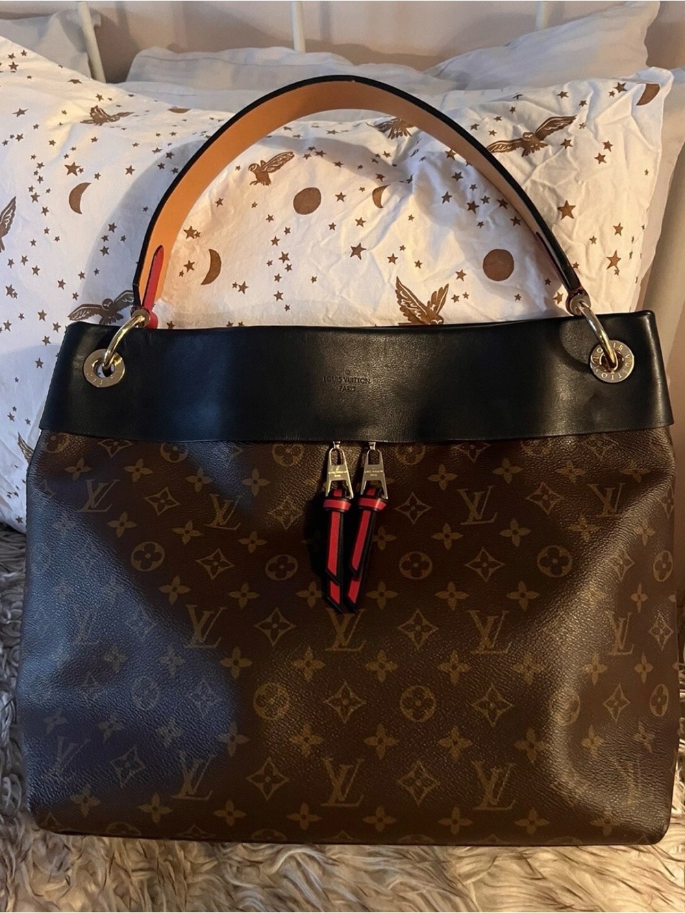 Louis Vuitton Monogram Canvas Tuileries Hobo hand Bag in Brown w/noir leather